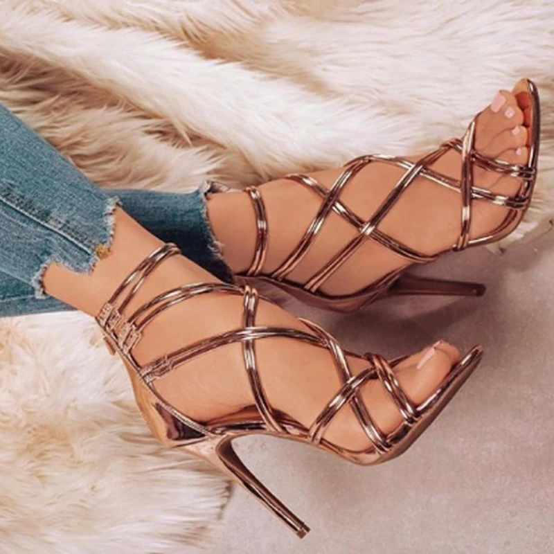 

PU Leather Women Sandals For Female Ladies 2018 Spring Summer Thin High Heels Cross Straps Simple Sexy Women Shoes Plus Size 43