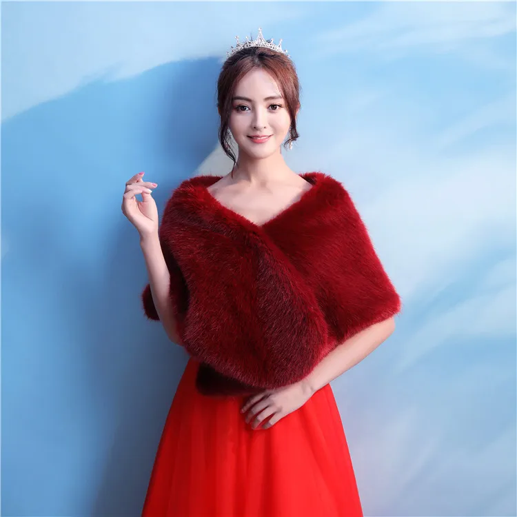 

Burgundy Thick Warm Faux Fur Bridal Wraps Winter Soft Ladies Special Occasion Party Wrap Wedding Shawl Bolera Wine Red