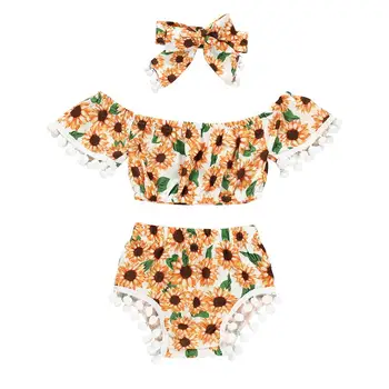 

Newborn Baby Girl Sunflower Clothes Sets Cute Off Shoulder Crop Tops Tassels Shorts Bow Headband 3Pcs Baby Girl Outfits