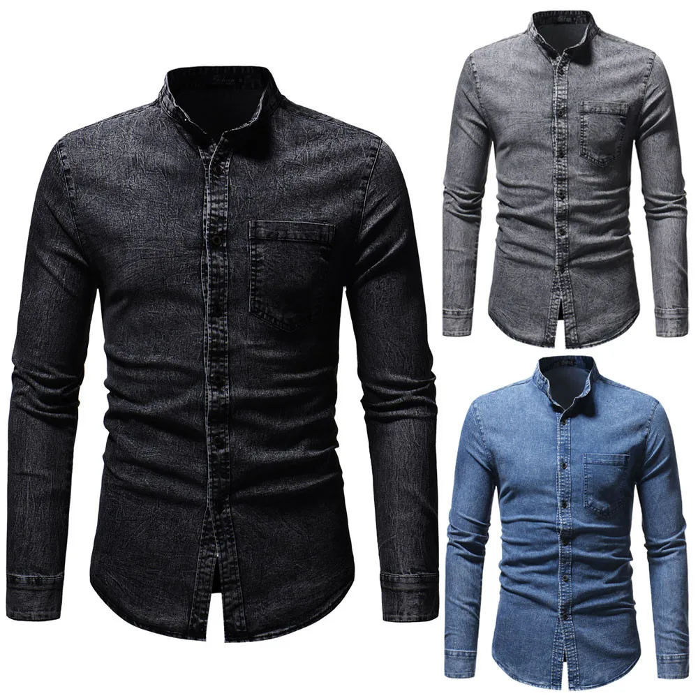 

Men's Autumn Winter Casual Vintage Solid Polyester Distressed Solid Denim Stand Collar Long Sleeve shirt Top Blouse 2018 New