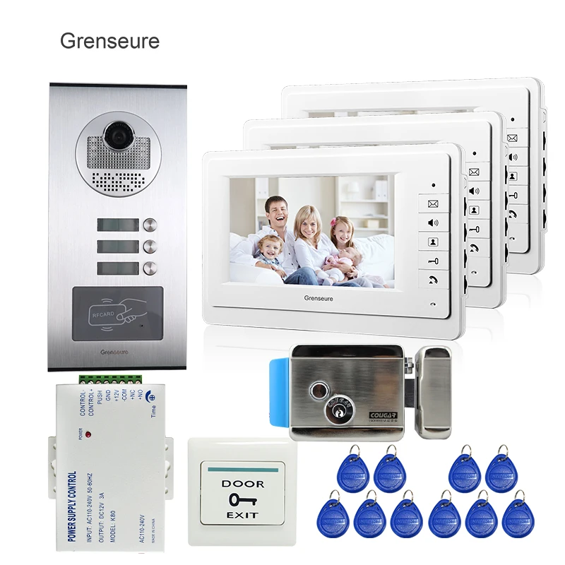 

Apartment 7" Color Video Door Phone Intercom System 3 Monitors + RFID Access Door Camera 3 Buttons + Electric Lock FREE SHIPPING