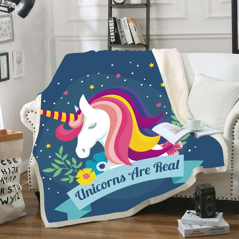 Unicorn Printed Blue Velvet Plush Throw Blankets for Kid ...