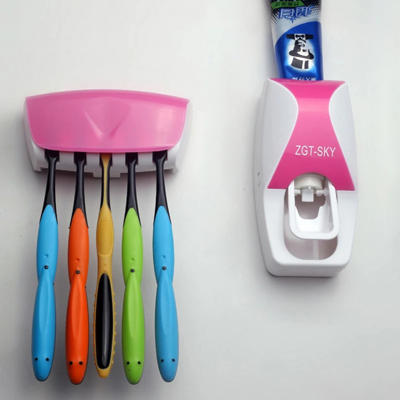 

2019 Hot Automatic Toothpaste Dispenser Set 5 Toothbrush Holder Squeezer Bathroom Shelves Bath Accessories Tooth Brush Holder