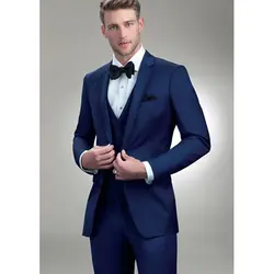 Мужские модные синие свадебные костюмы для мужчин, индивидуальный заказ, смокинг для жениха, выпускного, 3 предмета, Блейзер, роскошный