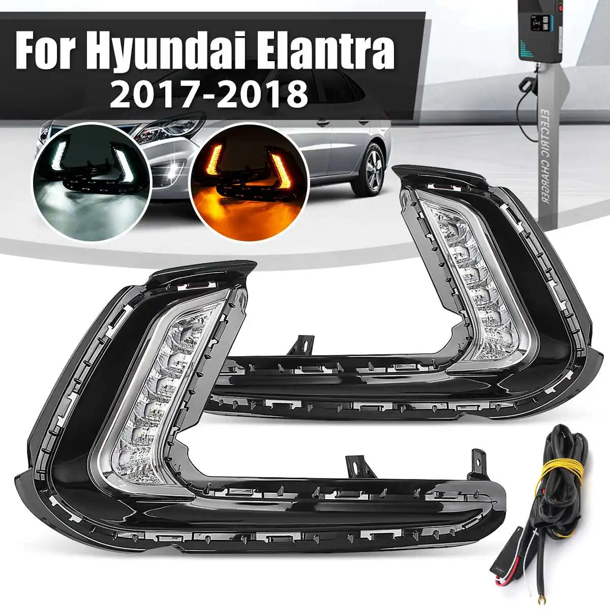 

12V Car 1 Pair Led Daytime Running Lights for Hyundai Elantra AD 2017 2018 Fog lamp cover DRL with yellow turn signal