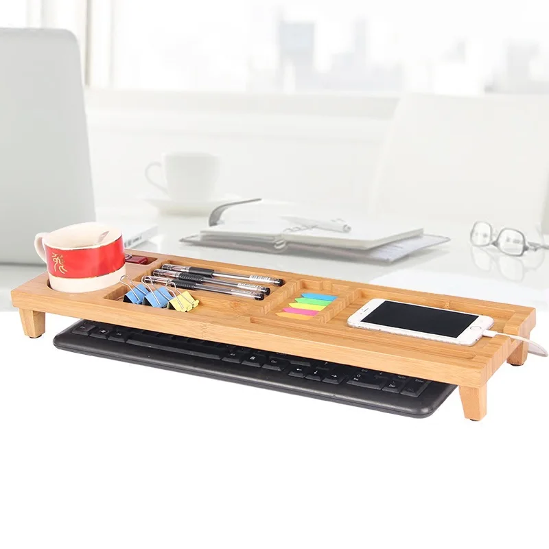 Многофункциональная бамбуковая стойка для хранения компьютерная клавиатура подставка Кронштейн офисный стол ТВ Настольный органайзер коробка для хранения столовой посуды полка