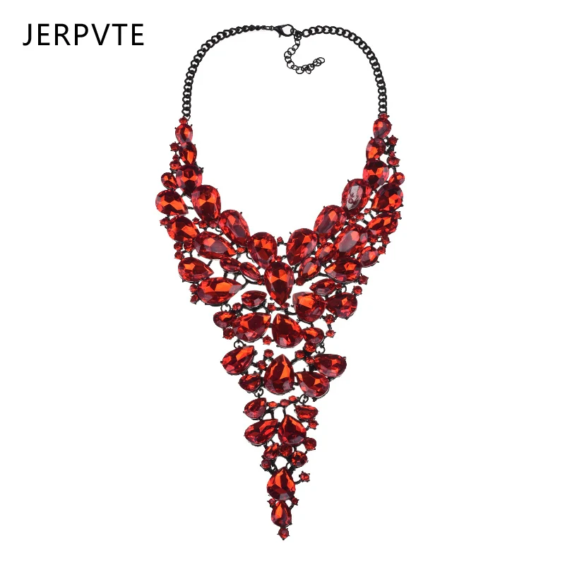 

JERPVTE Boho maxi tribal Luxury V Shaped Rhinestone Necklace For Women Statement Big Long Red Crystal Gem Femme Collar Choker