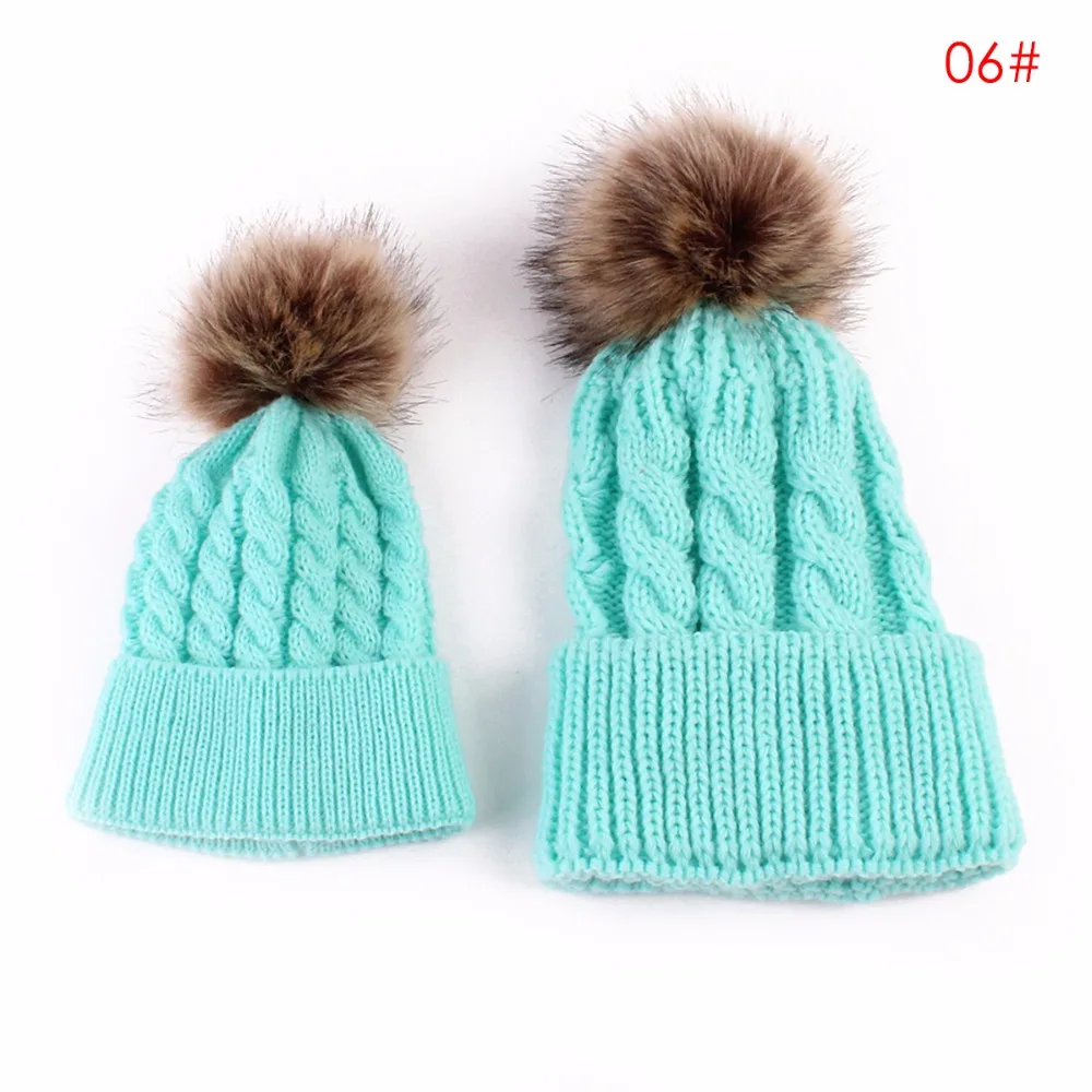 Puseky/комплект из 2 предметов для мамы и ребенка; теплая зимняя вязаная шапочка мех; шапка с помпонами; милая вязаная Лыжная шапка