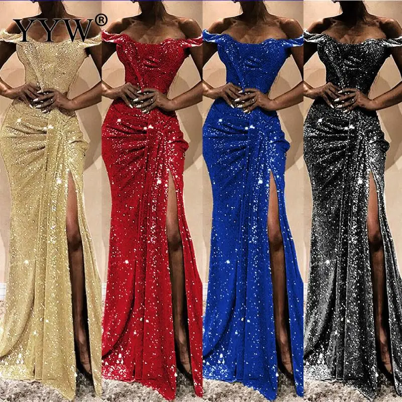 

Luxury Bling Sequined Women Evening Dress Sexy Off Shoulder Draped Side Slit Long Party Dress Gold Red Sequin Floor Length Dress