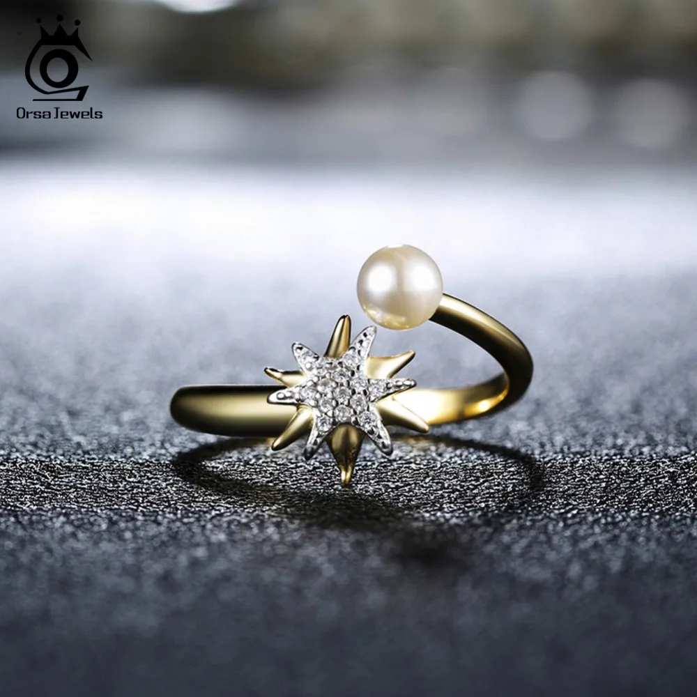 ORSA JEWELS Adjustable Ring For Women 925 Solid Sterling Silver Rings Starfish AAA Shiny CZ Genuine Pearl Luxury Jewelry SR98