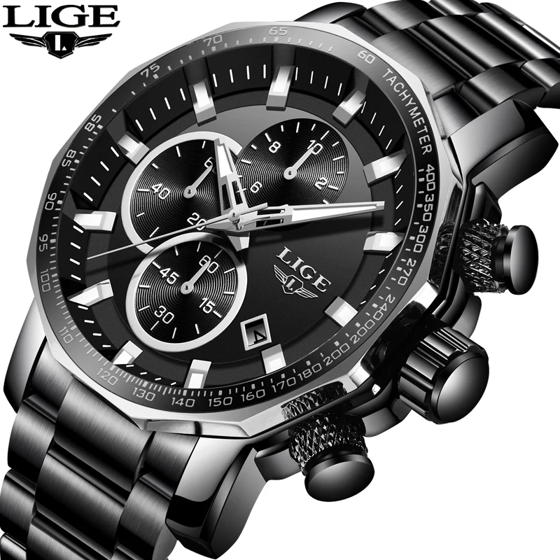 

New LIGE Fashion Men's Watch Top Luxury Brand Stainless Steel Men Sports Waterproof Watches Automatic calendar Quartz Watch+Box