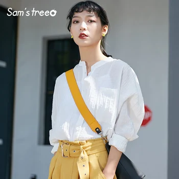 

Samstree Summer Casual Chiffon Shirts Women Blouses Solid Color Women Tops Drop-shoulder V-Neck Long Sleeve Female Tees