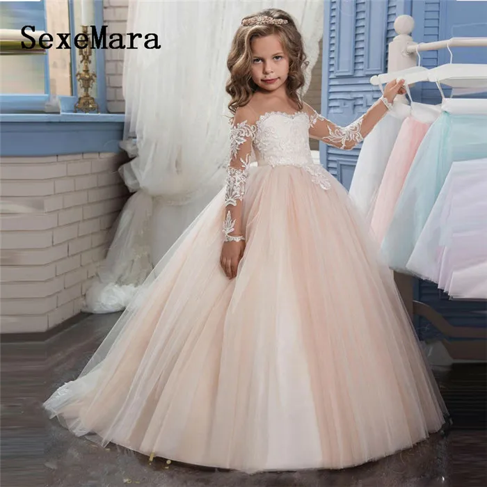 

New Puffy Ball Gown Flower Girl Dress for Weddings Long Sleeves Lace Girls Party First Communion Dress Pageant Gown Vestidos