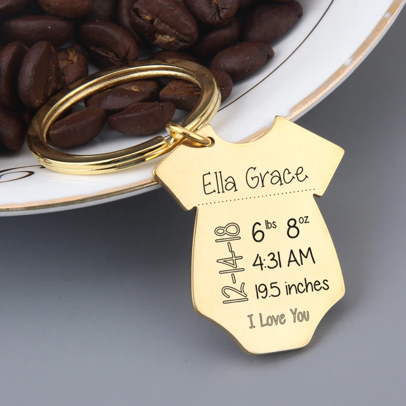 

Engraving Custom Baby Stats Keychain Weight Birth Date Name Baby Onesie Key Chain Gift for New Parents Keyring