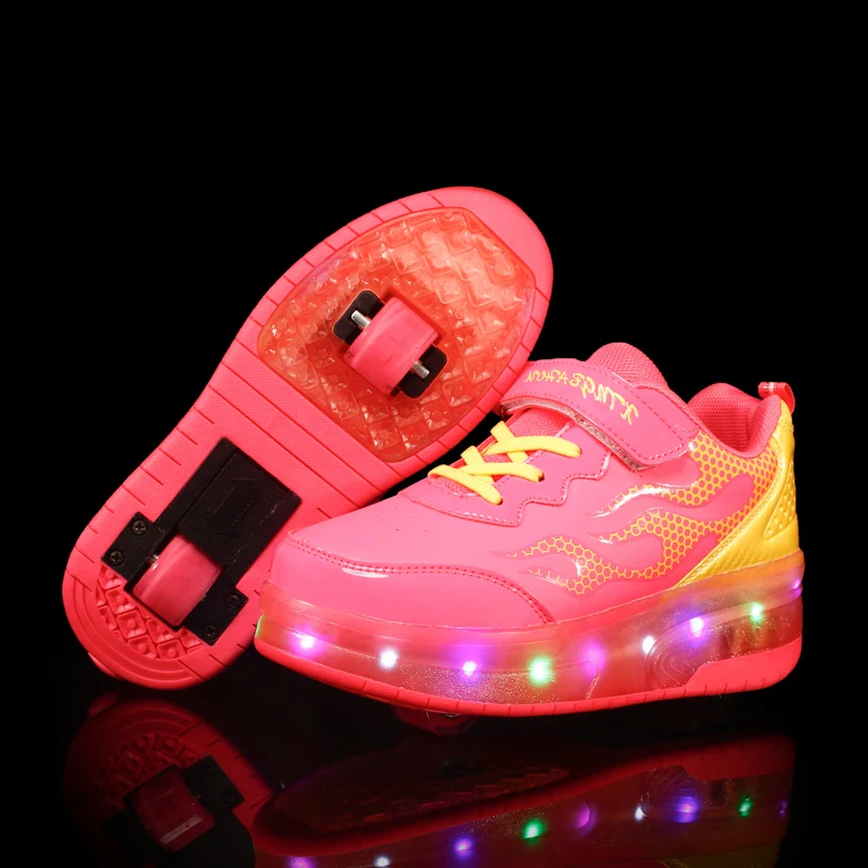 عجلتين الوردي الأحمر مضيئة رياضية مصباح ليد أحذية التزلج الأسطوانة للأطفال الاطفال Led أحذية الفتيان الفتيات أحذية تضيء للجنسين