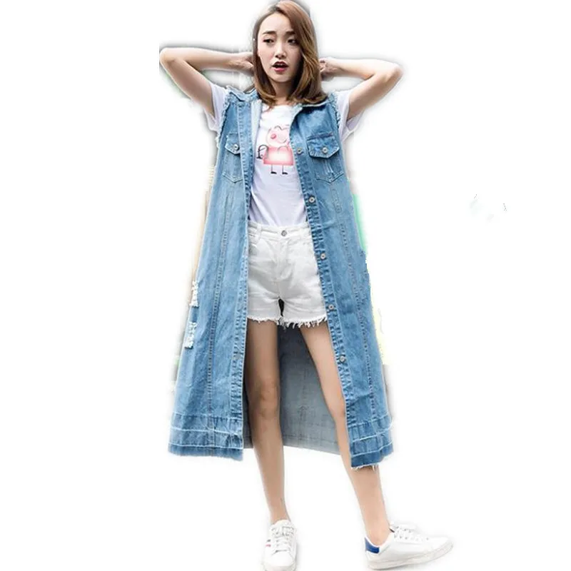 

Women Denim Vest 2019 New Long Spring Denim Waistcoat Sleeveless Women Button Vest Holes Button Autumn Denim Vest Mujer CQ2920