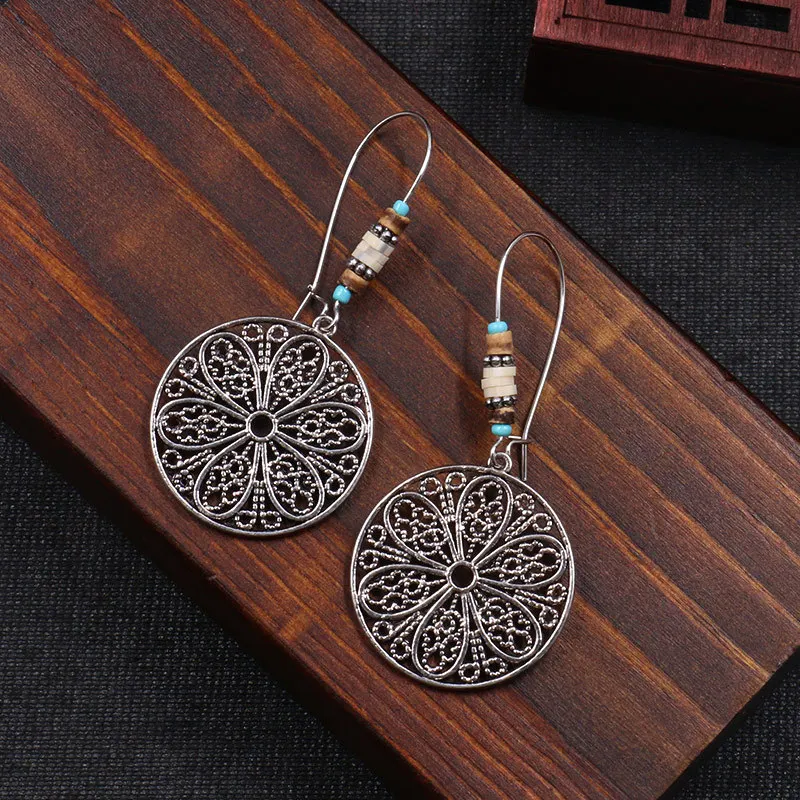 

Trendy Vintage Antique Silver Color Hollow Round Pendant Hoop Earrings for Women Punk Bohemia Beads Charm Ear Cuff Earrings