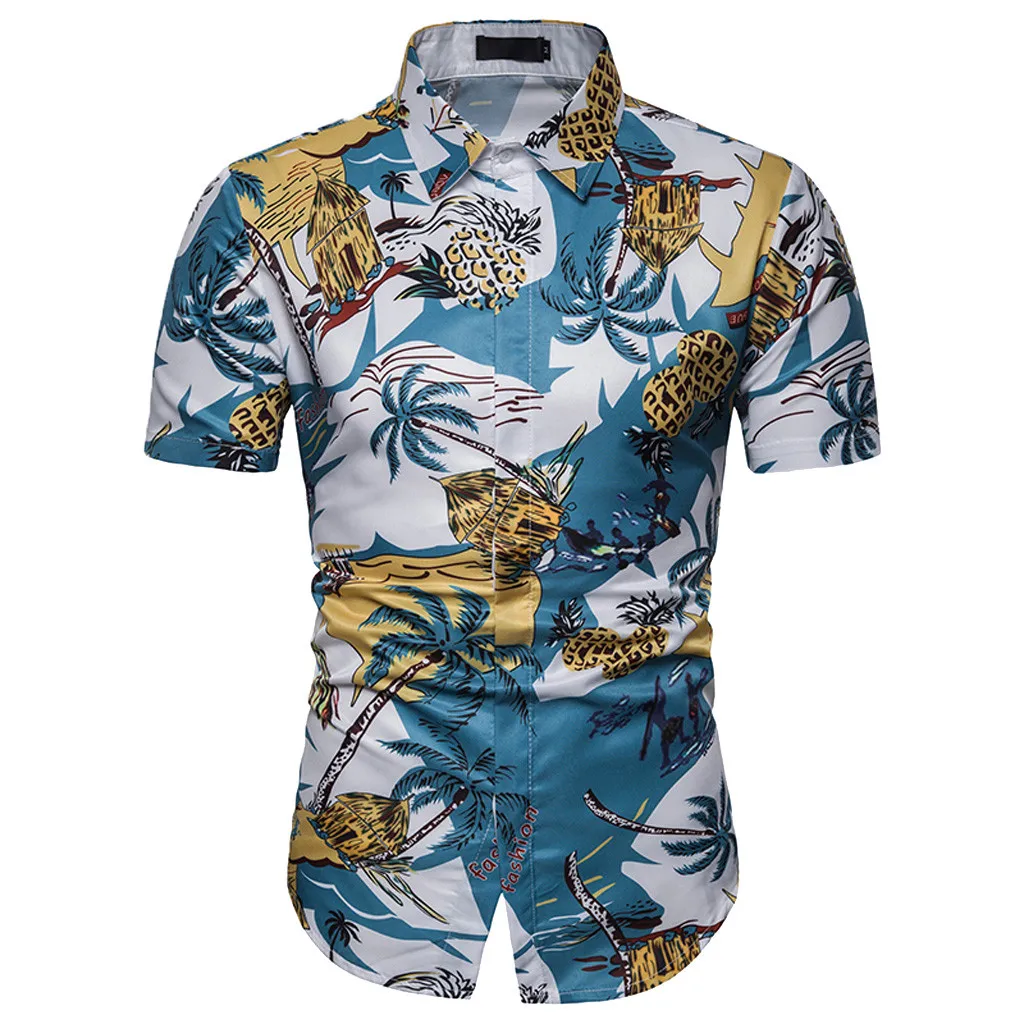 shirt men slim fit male floral dress shirts men Short Sleeve Beach Hawaiian Shirts Cotton Casual Floral  #3.5
