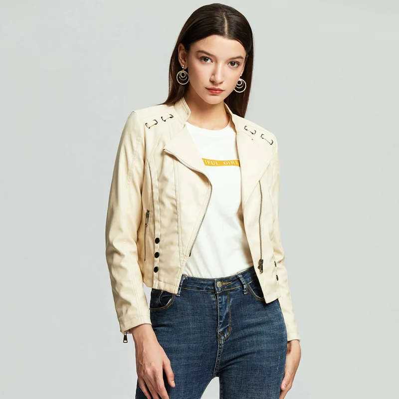 NXH Leather jacket Women Autumn Fashion Coat  Plus size Motor Biker Jacket Black Red Yellow Pu Faux leather Jackets
