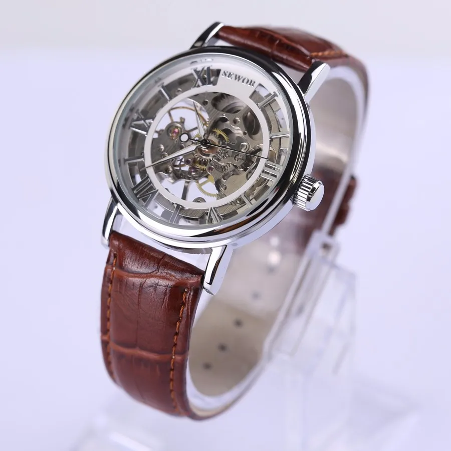 Классический Дизайн Скелет коричневый кожаный ремешок серебряный прозрачный чехол Для мужчин часы лучший бренд роскошных Деловые часы