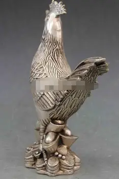 

Chinese White Copper Silver fengshui Lucky YuanBao Cion Zodiac Chicken Rooster