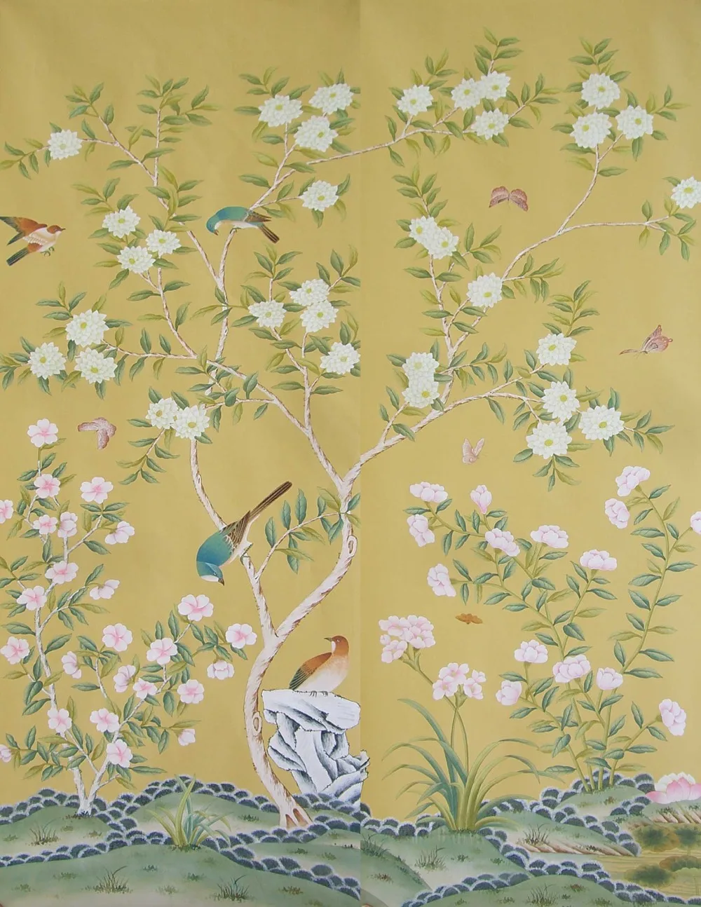 

Classic elegant Hand-painted silk wallpaper Customized painting flowers with birds and fence many patterns / background optional