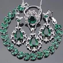 Серебро 925 Костюм Свадебные Ювелирные наборы для женщин Свадебные ювелирные изделия с зеленый цирконий браслет ожерелья и подвески кольца серьги набор