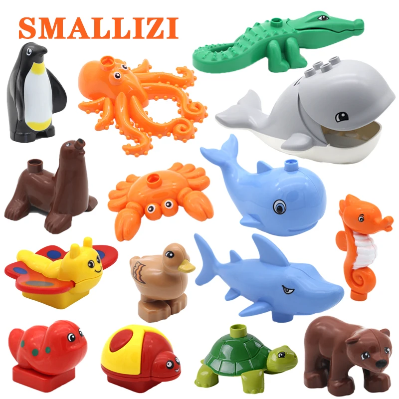 

Ocean Animal Model Figures Big Building Blocks Shark Dolphin Crocodile Insect Butterfly Penguin Duck Bricks set Educational Toys