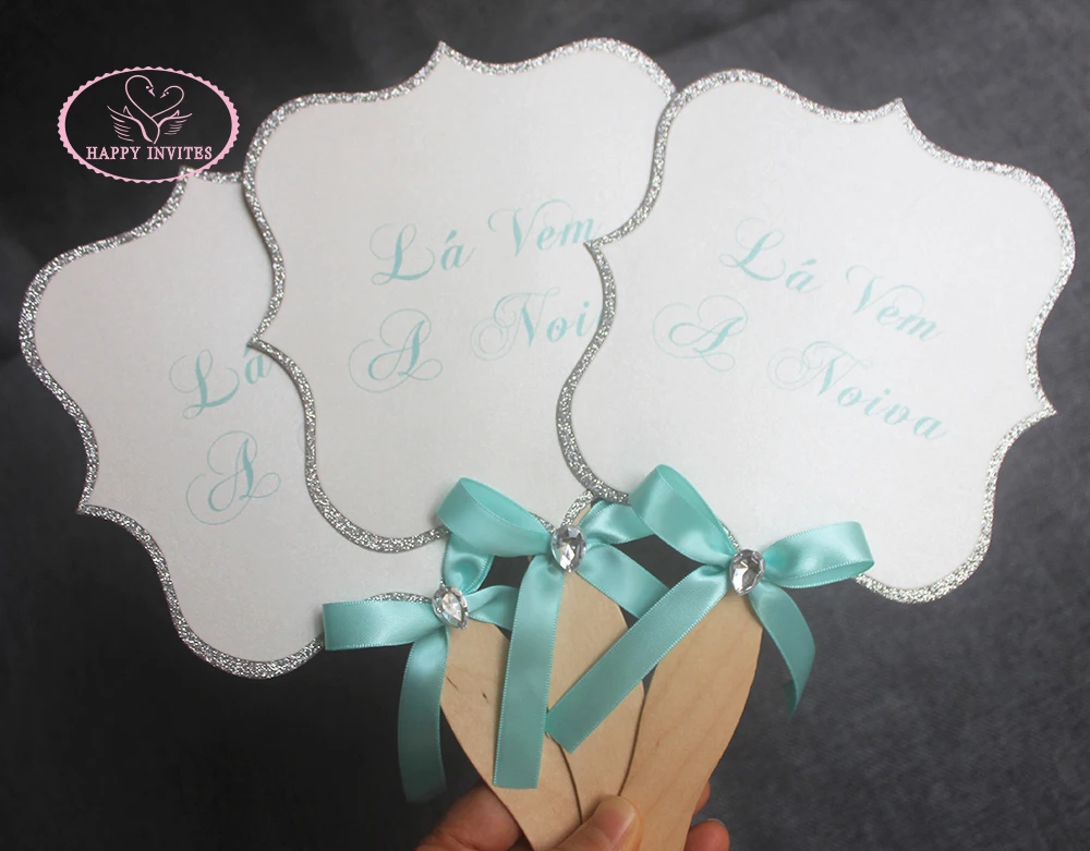 HI9034-02 Customized Glitter Fan Shape Place Card Menu Card Table Card Wedding Program with Wooden Handle