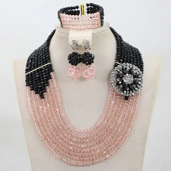 

Trendy Black Mix Pink Crystal Jewelry Sets 8 Rows African Wedding Bridal/Women Beads Necklace Jewelry Set Free Shipping ANJ303