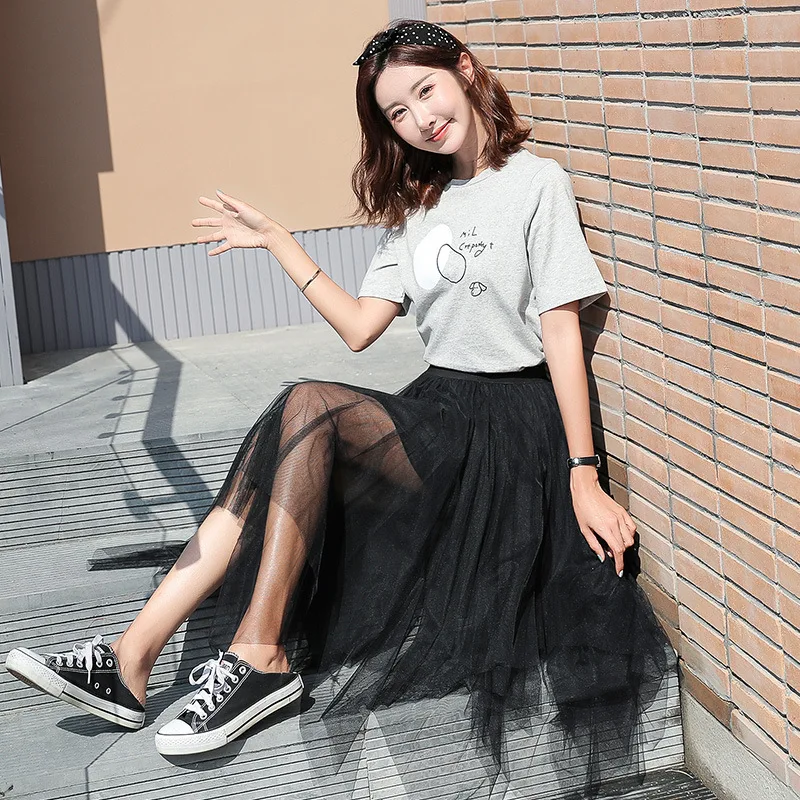 

2019 Spring New Irregular Mesh Half-length Summer High-waist Medium-length Pleated Fairy Skirt Mesh Red Skirt