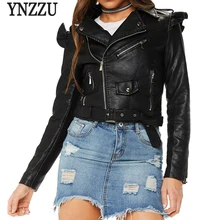 YNZZU Осенняя Повседневная Женская куртка из искусственной кожи однотонная короткая приталенная Женская куртка из искусственной кожи с рюшами на молнии chaqueta mujer YO543
