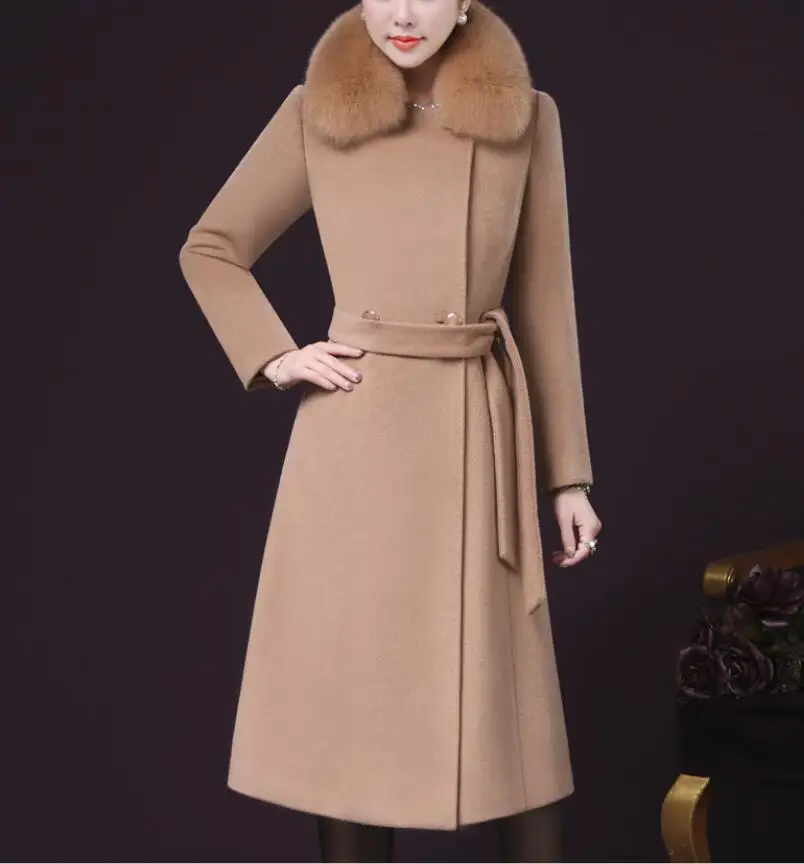 Высококачественное Женское шерстяное пальто, большой меховой воротник, длинный рукав, тонкая Длинная Верхняя одежда, роскошный элегантный офисный Блейзер, ветронепроницаемые пальто - Цвет: as    photo     4