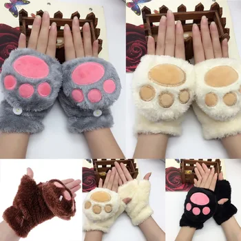 

Women Girls Winter Thickened Plush Cute Flip Gloves Color Fingerless Convertible Mittens Wrist Warmer With Cover Thumb Hole