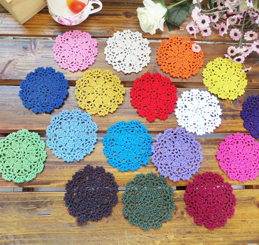 

PD055 10cm white multi color Vintage Lace round shaped placemat love hand crocheted cotton placemat