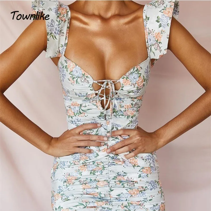 

Townlike Print Mini Spaghetti Strap Dress Women Party Sexy Dress Summer Bandage Backless Bodycon Dresses 2019