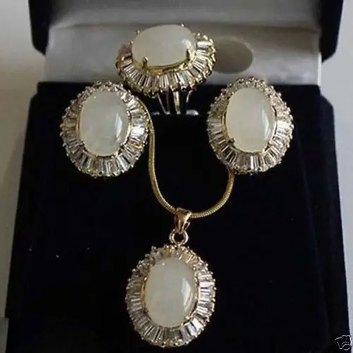 

free shipping>>> Excellent Jewelry White Opal Beads Pendant Earring Zircon Ring Set NEW