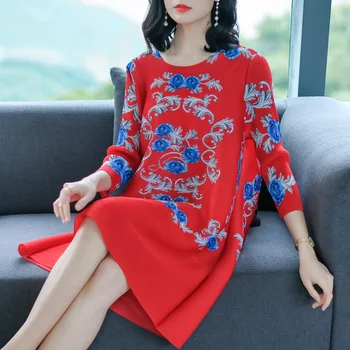 

Fashion Printed Knee-length Dress Female O-Neck Three Quarter Sleeve Women Elegant Loose Waist A-line Dress XL-01