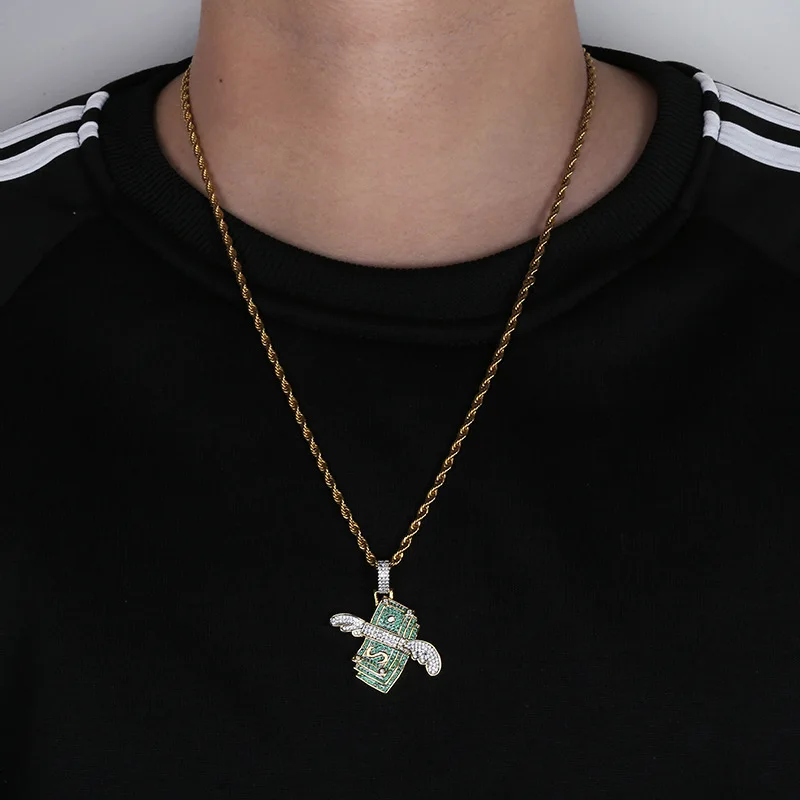 Хип хоп микро паве зеленый CZ кубический цирконий Bling Ice Out Летающий доллар Подвески ожерелье для мужчин рэппер ювелирные изделия Прямая