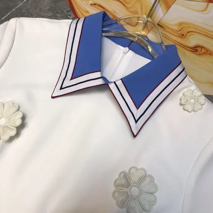 Милый воротник Питер Пэн новая весенняя женская Милая одежда с коротким рукавом модное лоскутное платье с аппликацией