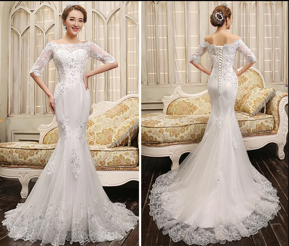 Vestido de festa русалка белое кружево свадебное платье с аппликацией Половина рукава из бисера скромный корсет элегантные свадебные платья Горячая Распродажа