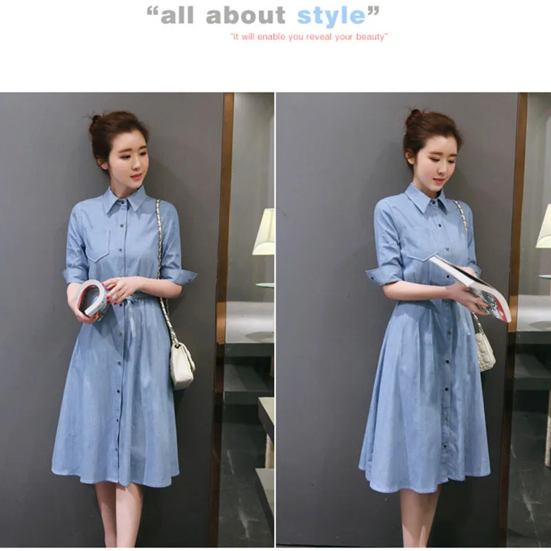  Women's clothing solid color half-sleeved belt slim denim shirt dress ladies fashion casual long section jeans dress (2)