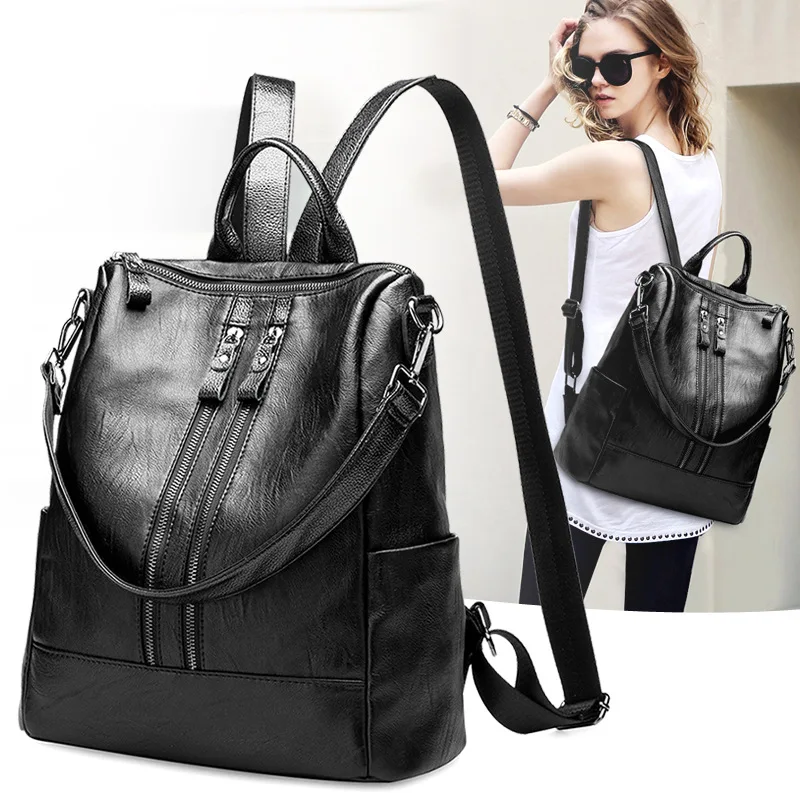 

High Quality Leather Backpacks fashion large capacity double zipper wind bag mummy bag Backpacks Female school Shoulder bags