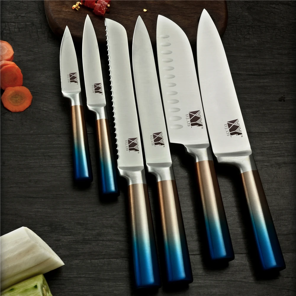 XYj 6pcs Stainless Steel Knives Set Multi-color Handle Chef Bread Slicing Utility Santoku Paring Knives Cooking Tools