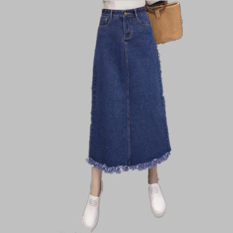 

JSXDHK Women Denims Skirt 2019 Summer Blue Tassel Long Jeans Skirts Elegant High Waist Pocket Skirts Plus Size Midi A Line Skirt