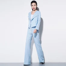 Женский блейзер и костюмы, хлопковый костюм из двух предметов, Модный повседневный синий маленький рабочий Блейзер, пальто+ широкие брюки, костюмы для женщин