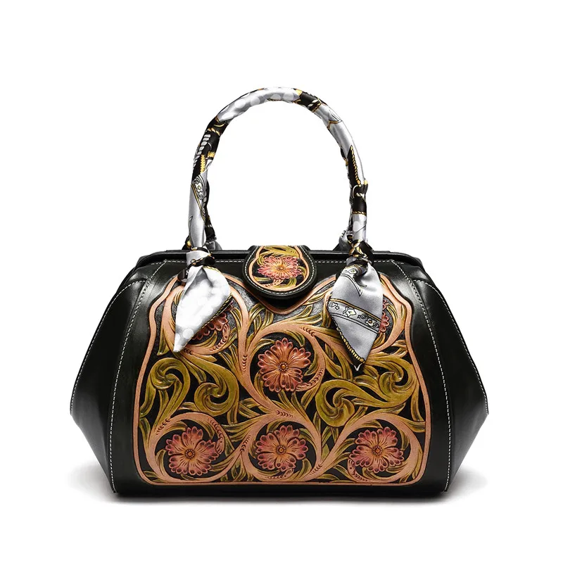 

Hand Carve Chinese Vintage Flower Women Genuine leather Handbags Woman handbag