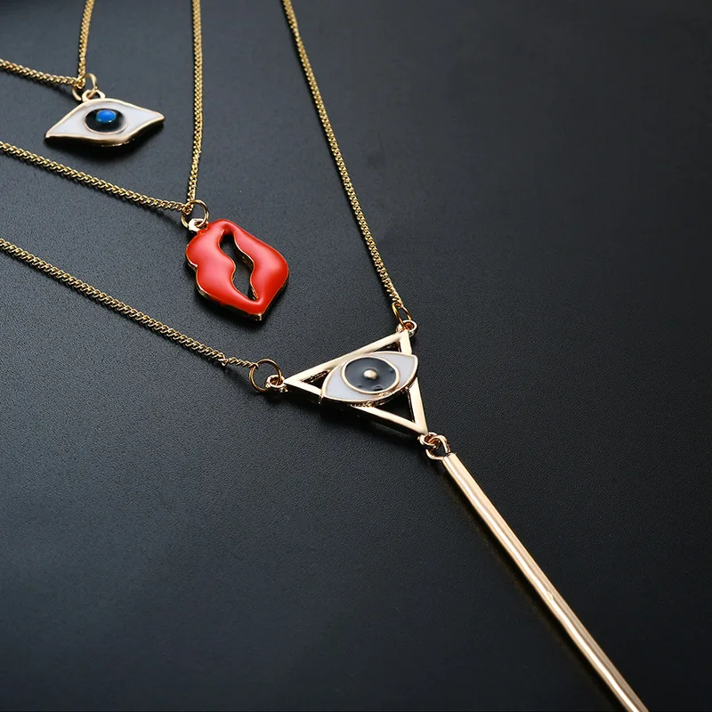 ANL022 3 Layers Statement Long Blue Evil Eye Red Lips Hamsa Hand Pendant Chain Lucky Sweater Necklace | Украшения и аксессуары