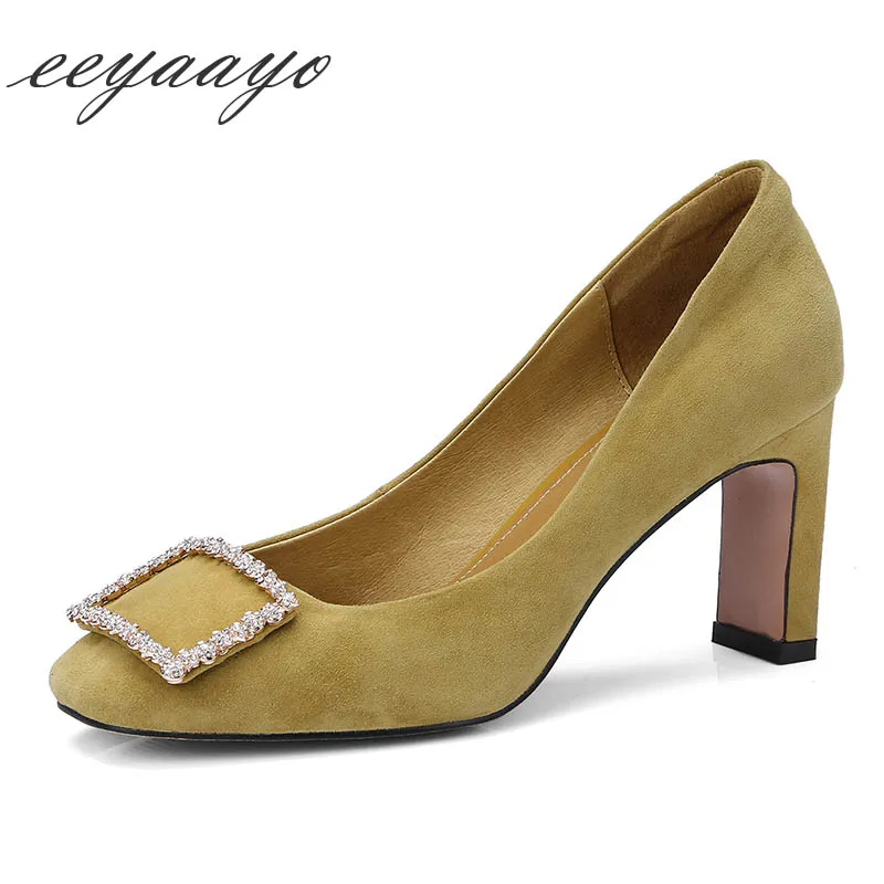 

2019 New Spring Genuine Leather Women Pumps High Heel Square Toe Crystal Sexy Ladies Women Kid Suede Shoes Yellow High Heels