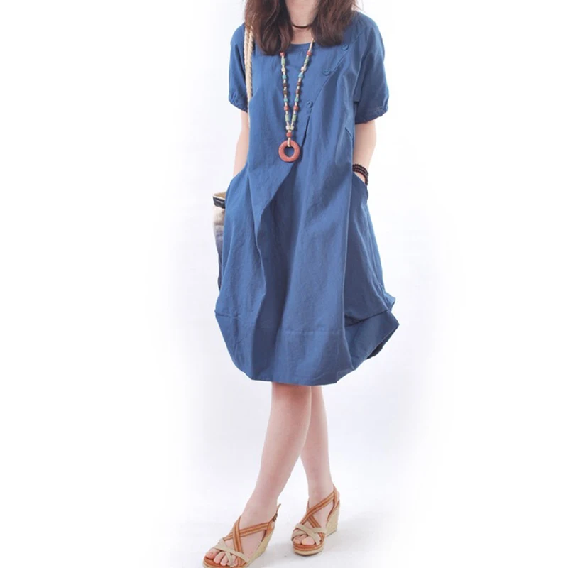 Плюс размеры для женщин Boho свободные кафтан платье Лен карман длинная туника короткий рукав